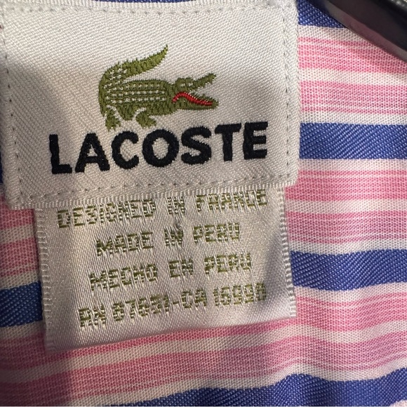 Lacoste Striped Shirt Men's Large Pink & Blue Stripes Pocket Logo Cotton - Picture 5 of 10